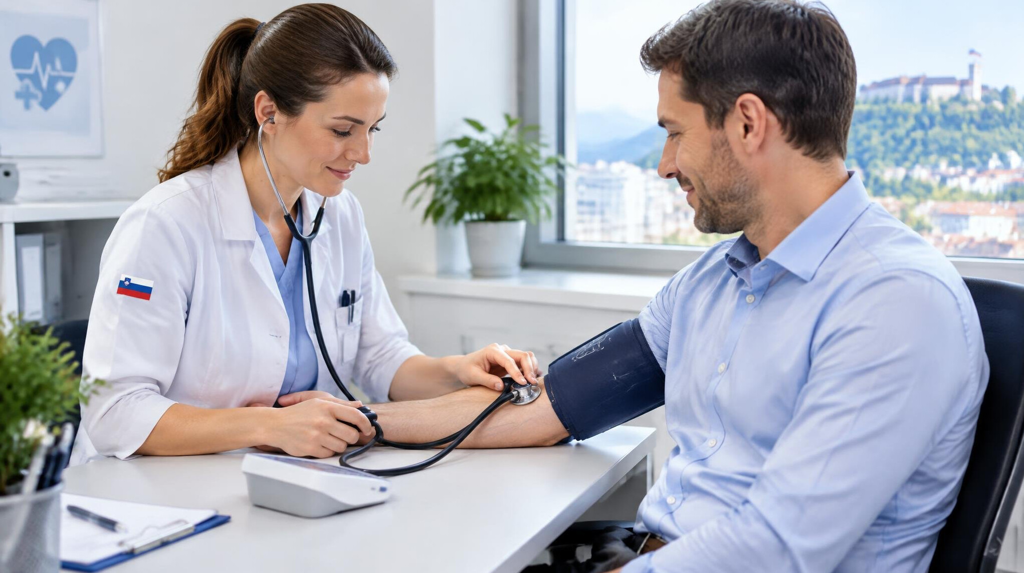 Nurse performing a basic health screening on an office employee