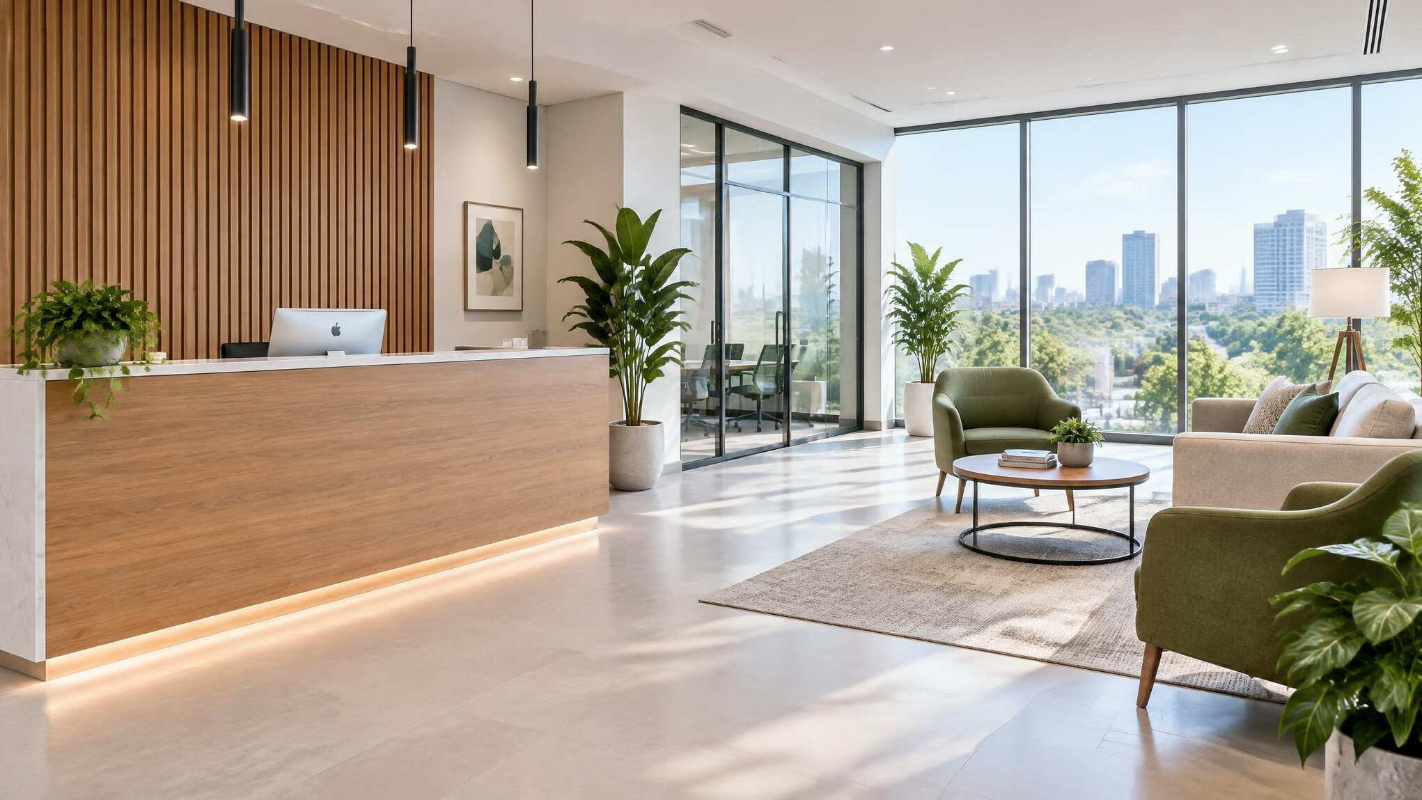Bright modern office reception area with seating