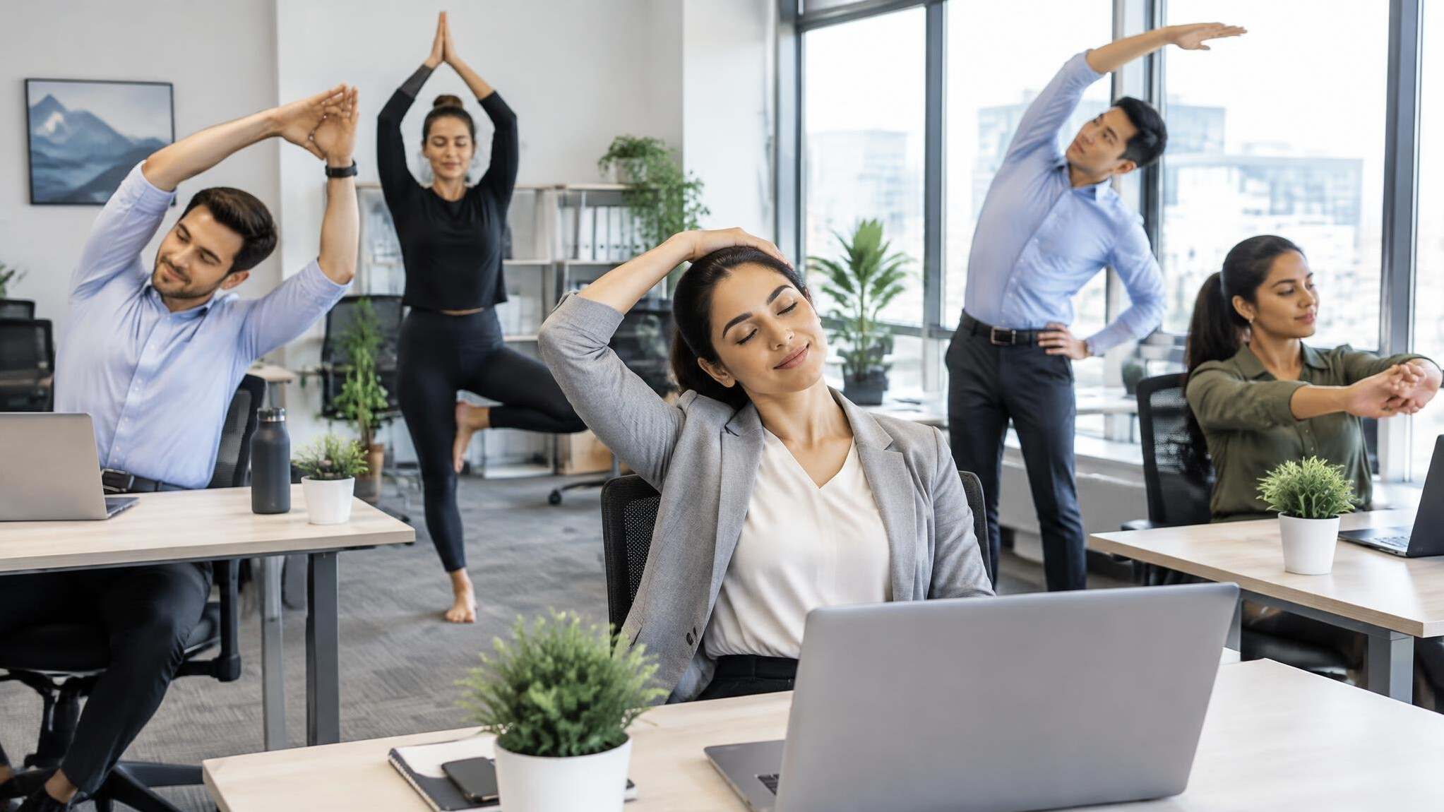 office workers stretching at desks