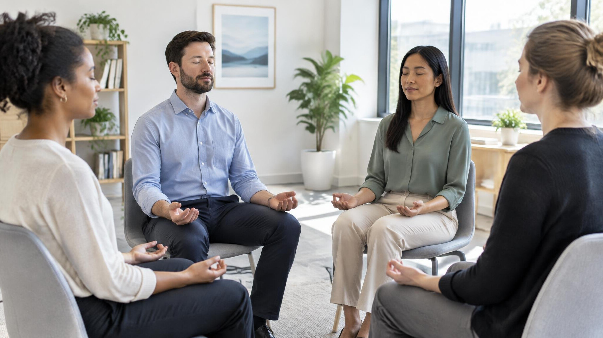 Employees practicing a guided mindfulness and breathing session at the office