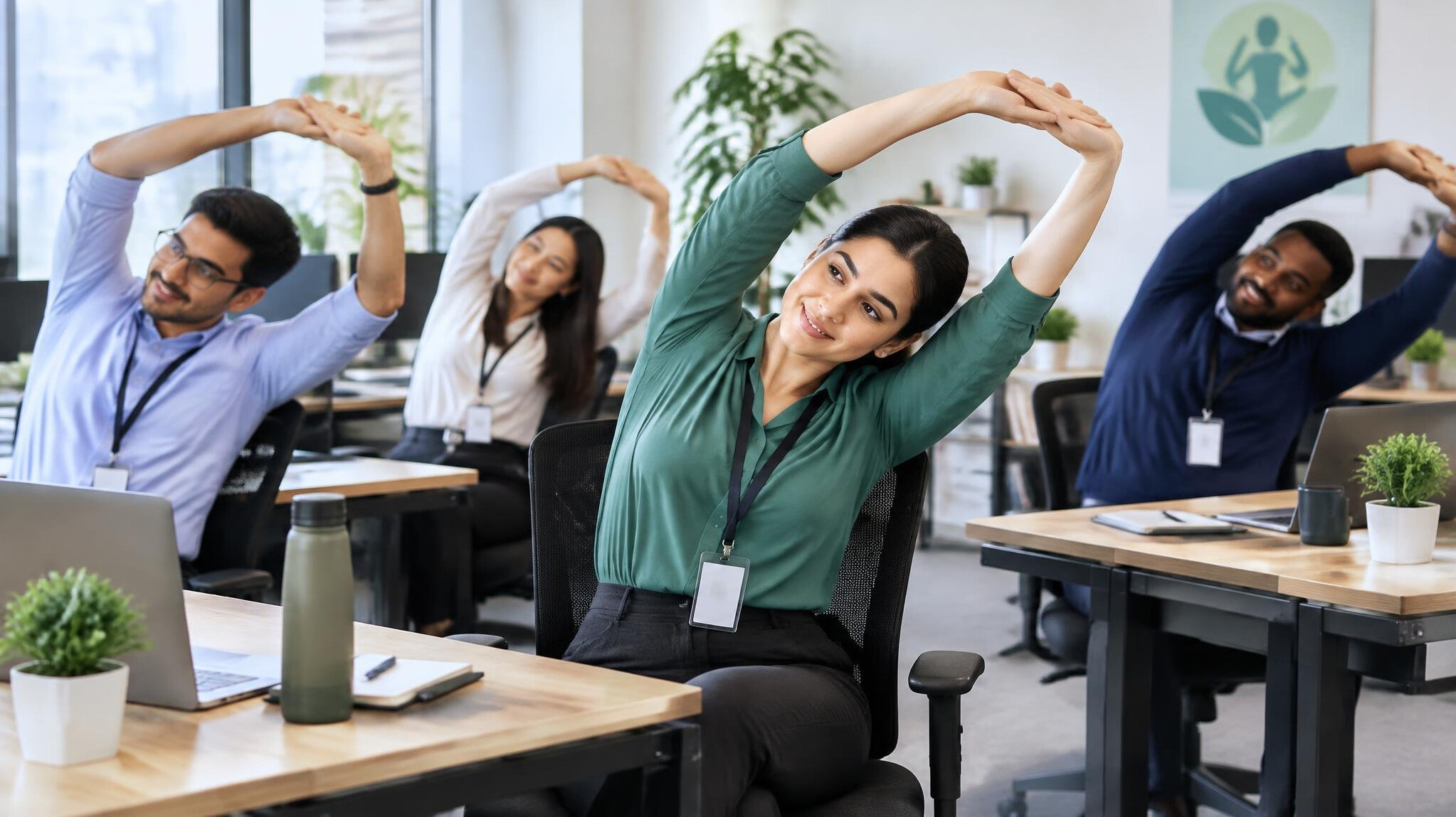 group doing desk exercises