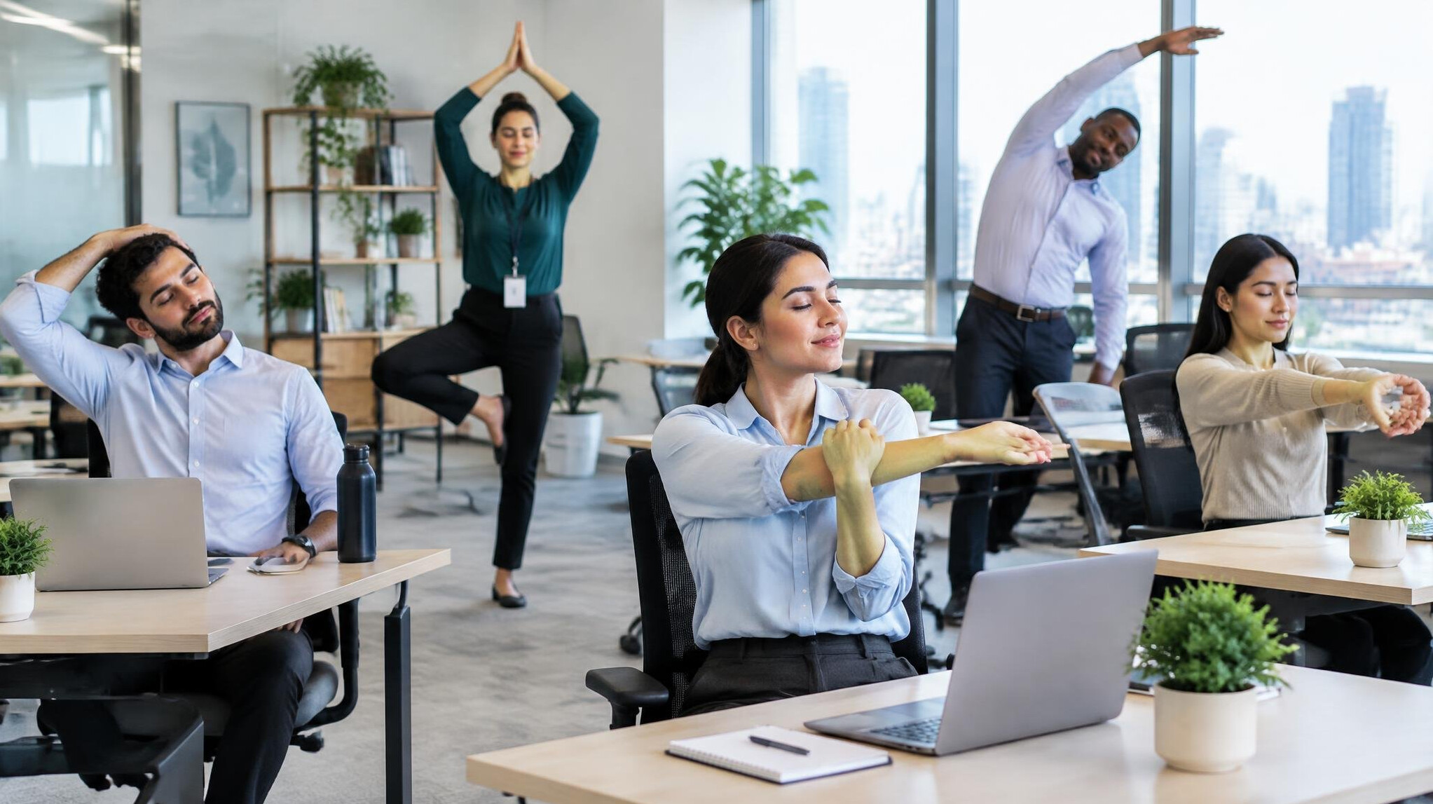 office workers stretching at desks