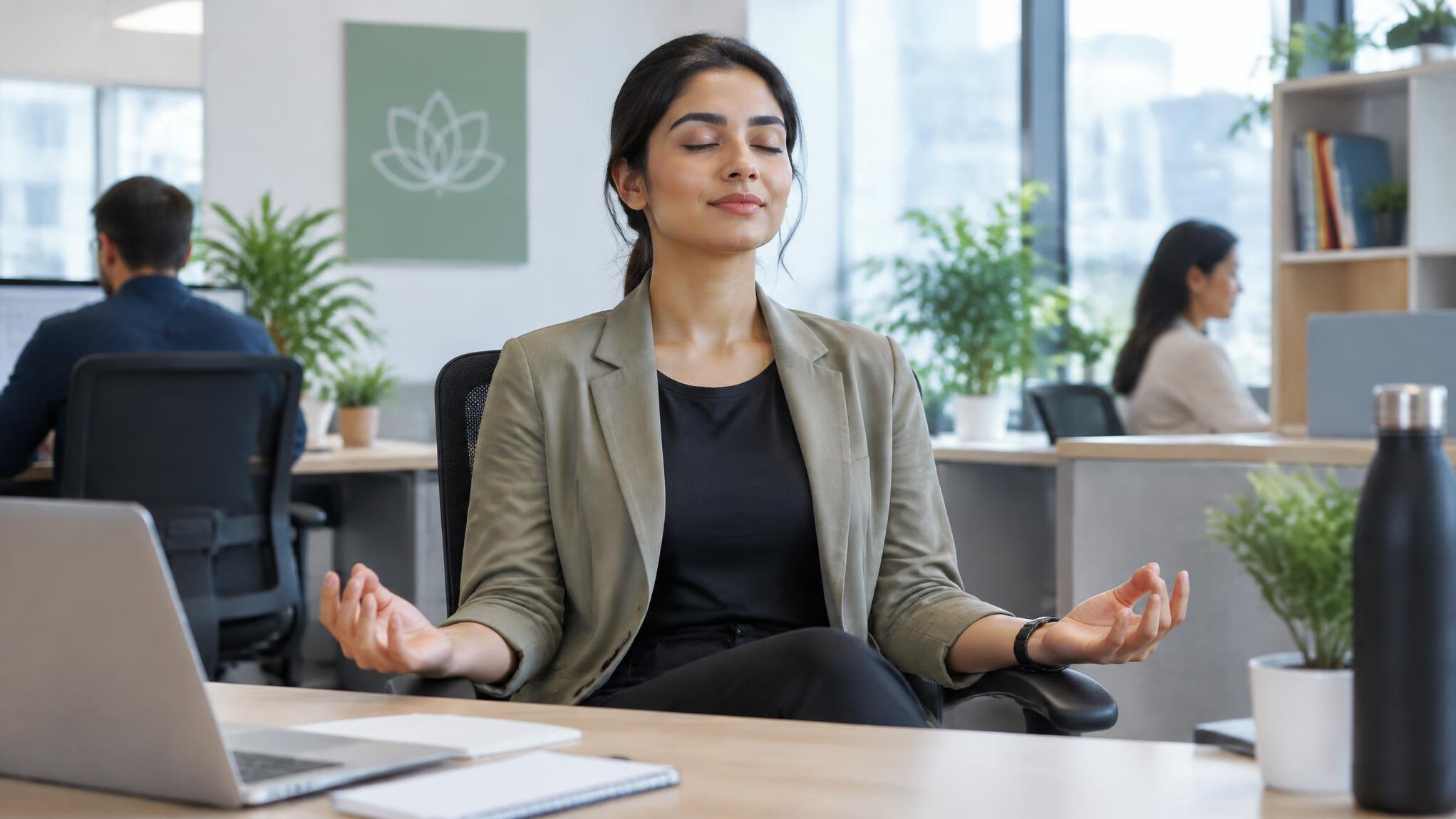 person meditating in office