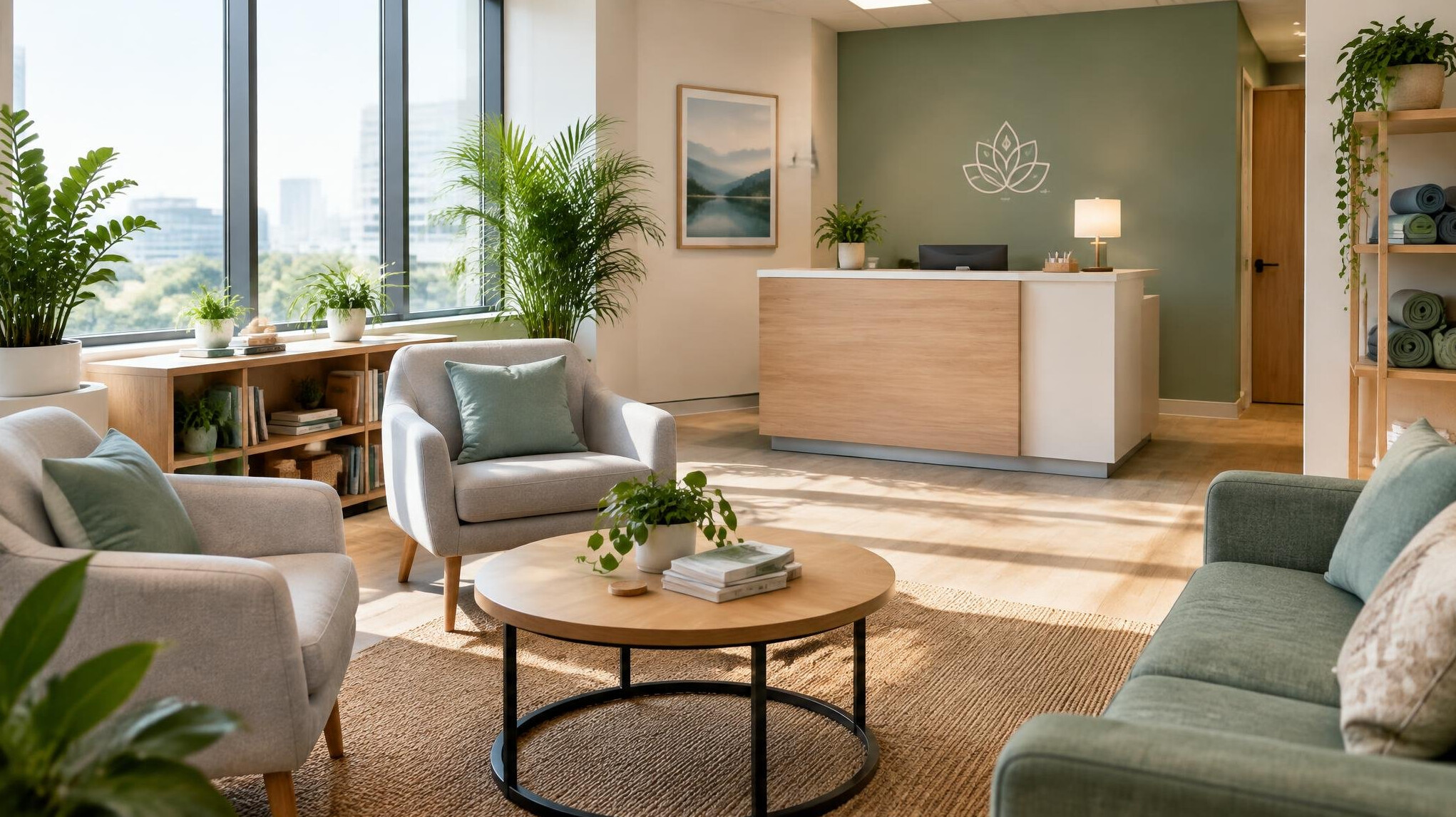 Modern office wellness room with plants and seating for employee health programs