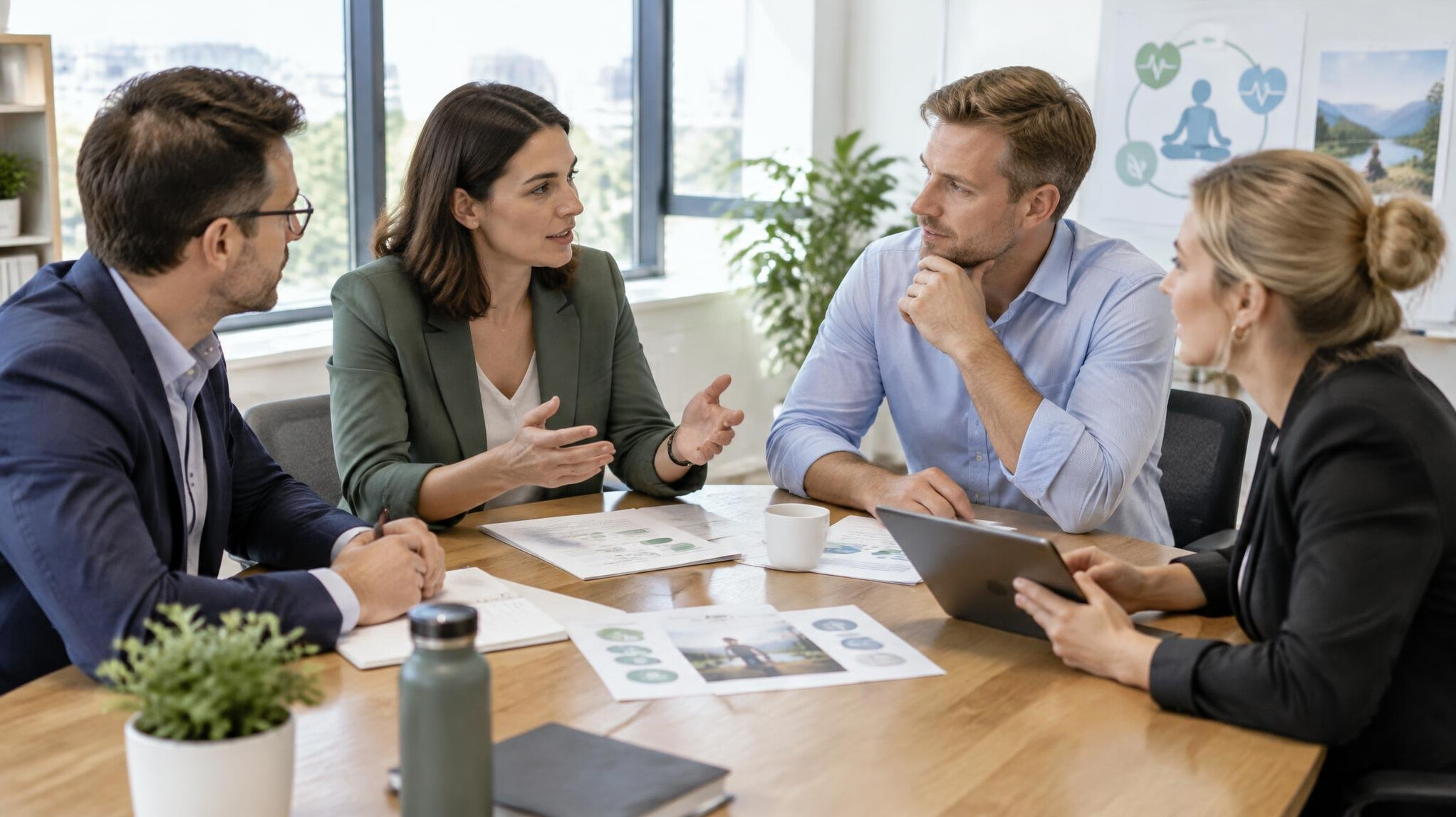 Small team meeting discussing a corporate wellness strategy around a table