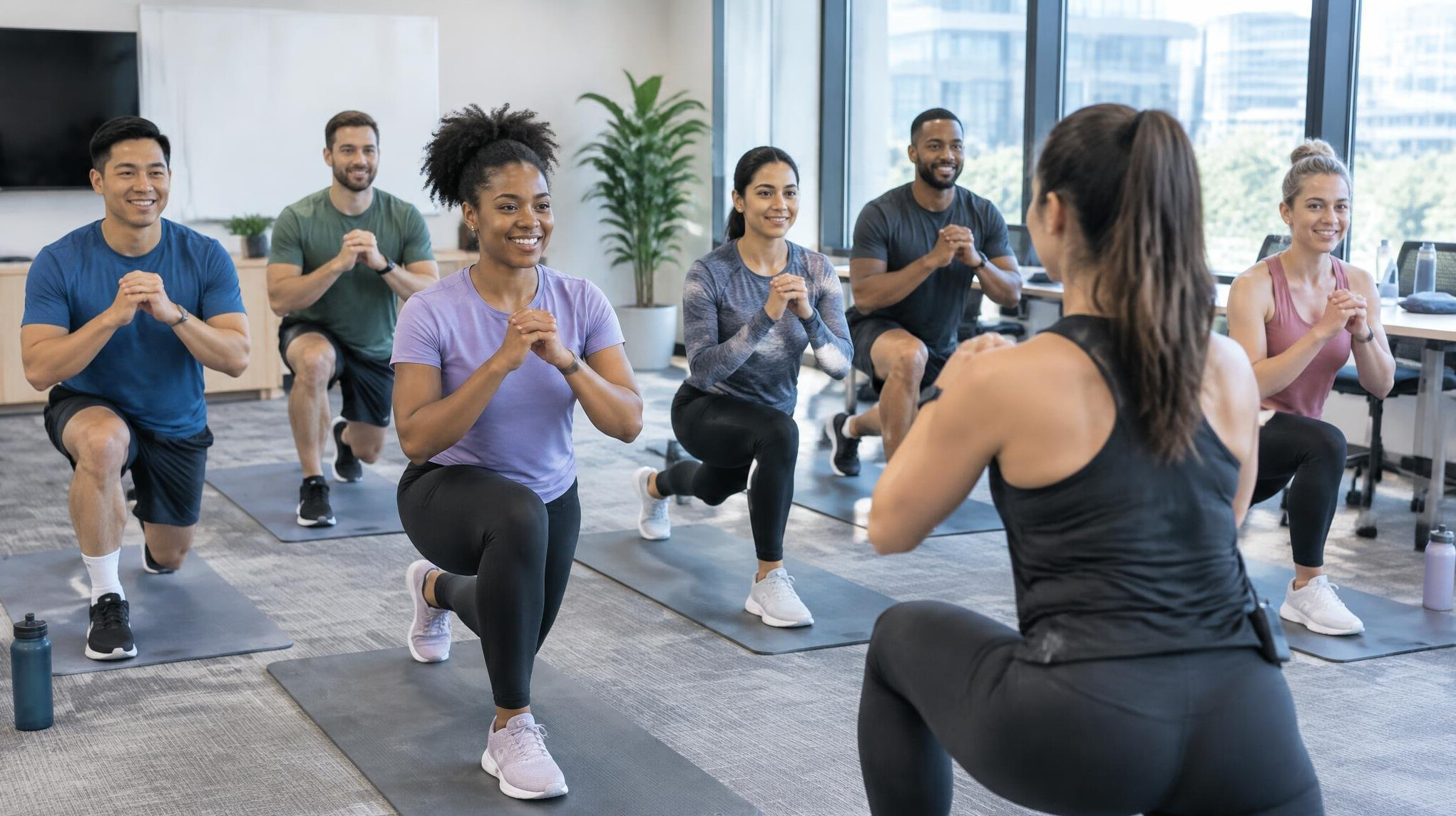 Group of office workers doing a guided fitness session in a conference room