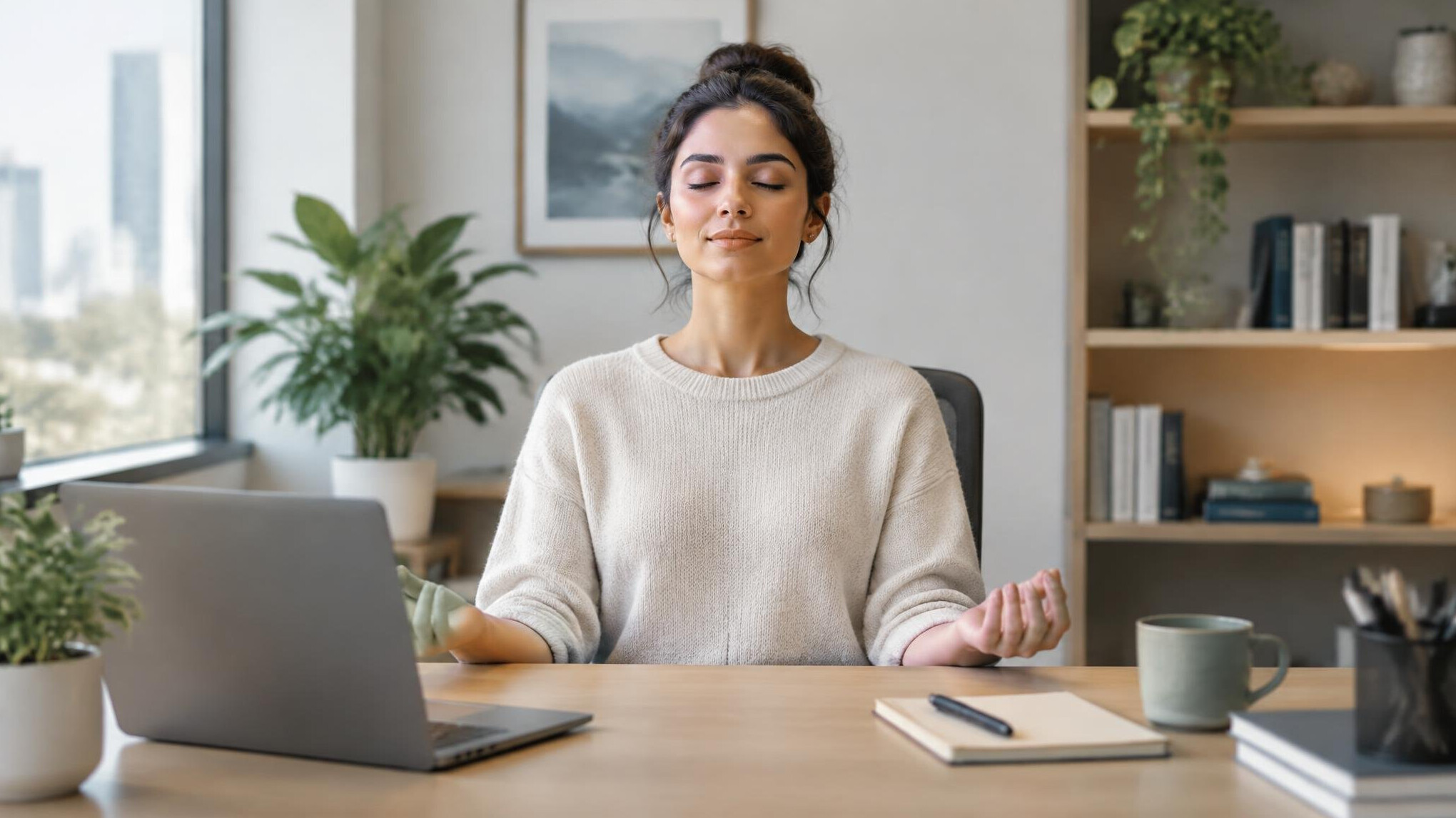 woman meditating at desk