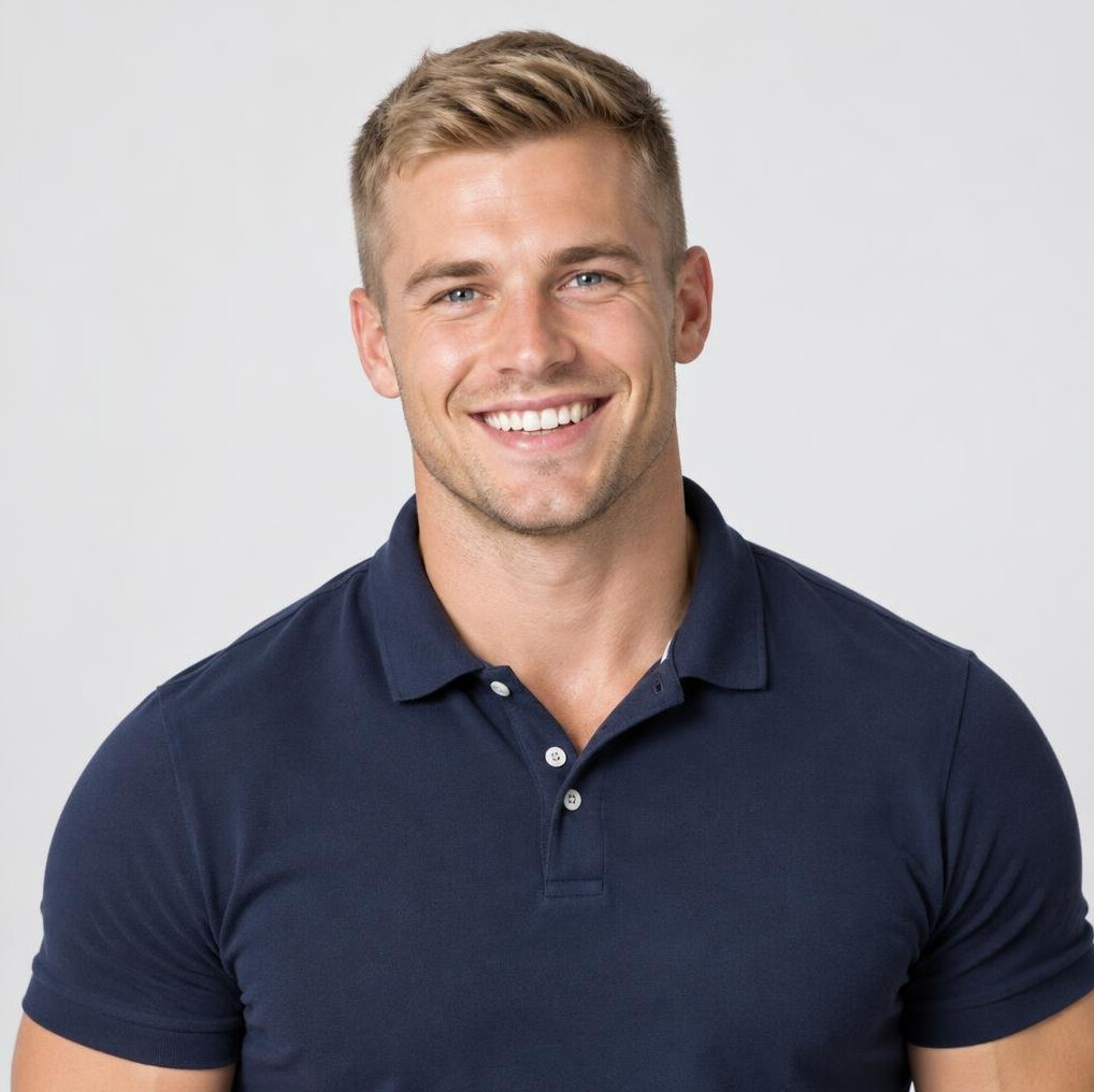 Studio portrait of a Slovenian male fitness trainer smiling