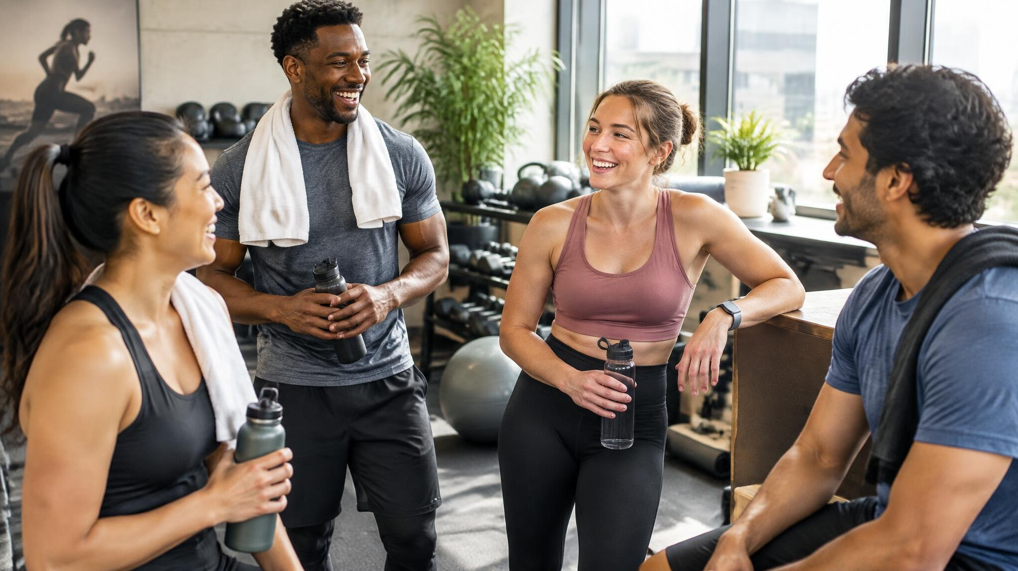 Team of employees smiling together after a workplace fitness session