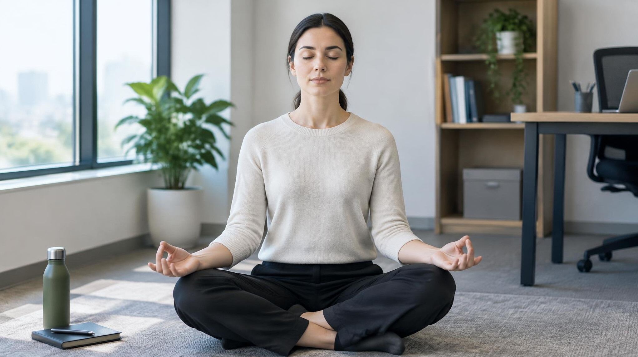 person meditating in office