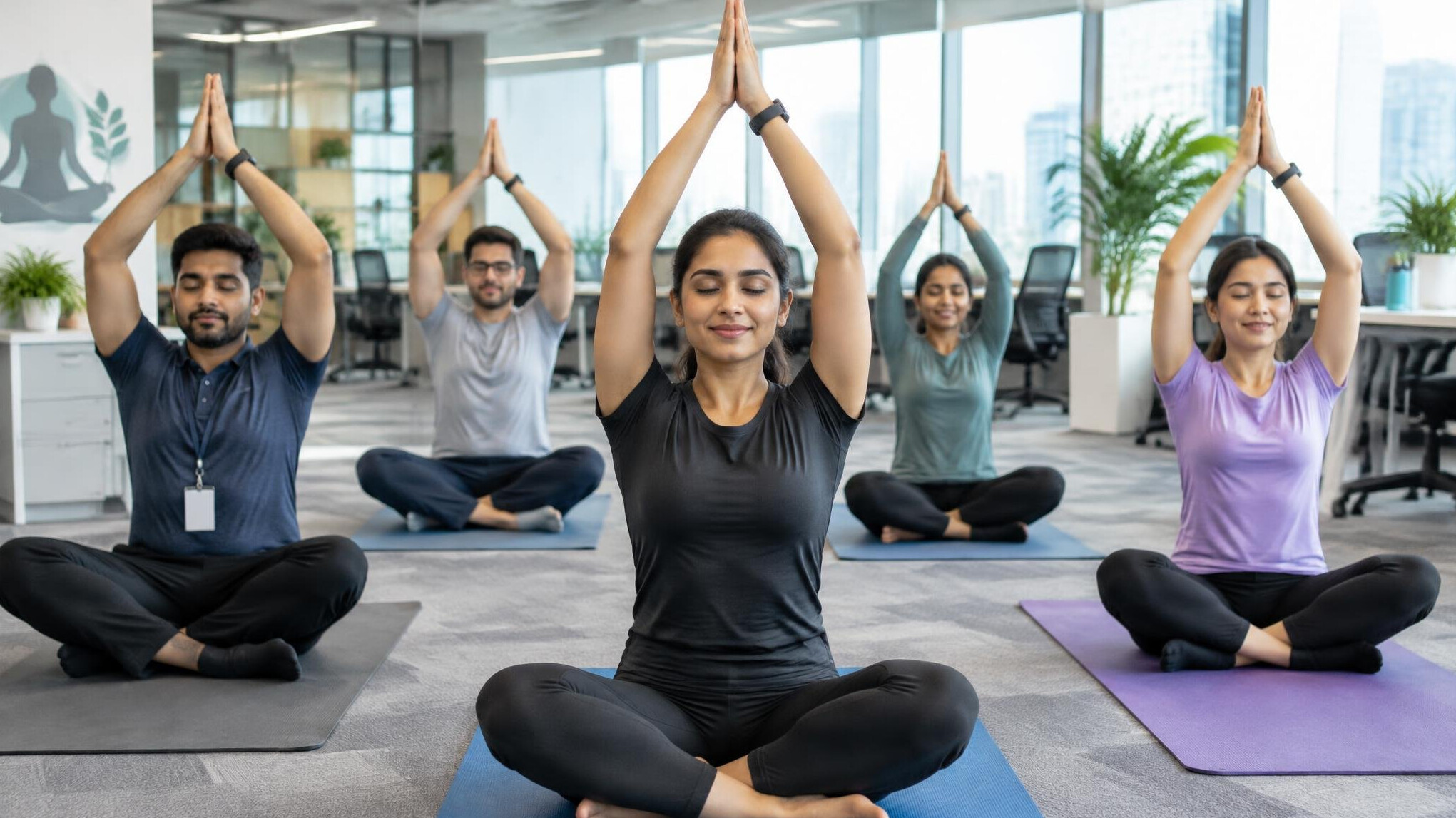 group yoga session in office