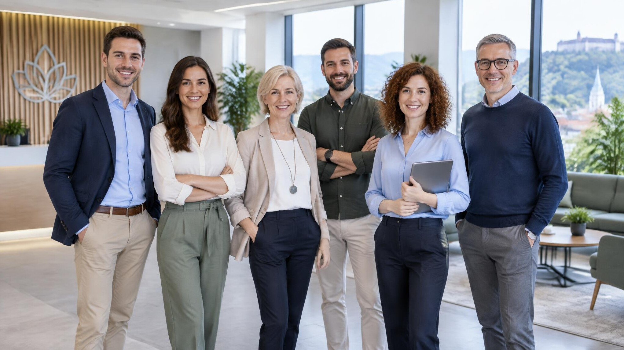 Wide shot of a diverse team of wellness consultants standing in a modern office